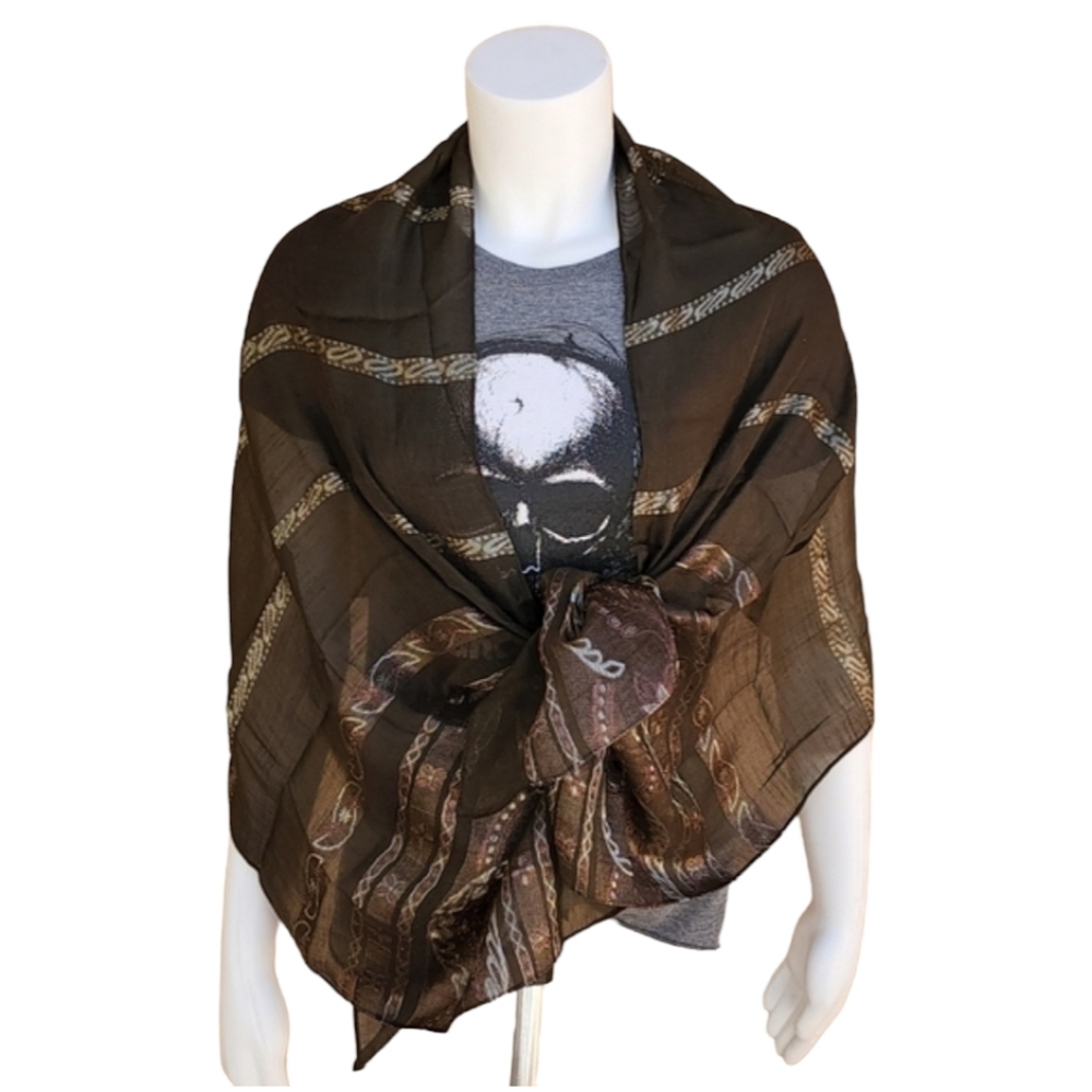 VINTAGE EGYPT Brown Gold Floral Paisley Scarf Wrap Shawl Hijab Metallic - Picture 7 of 12